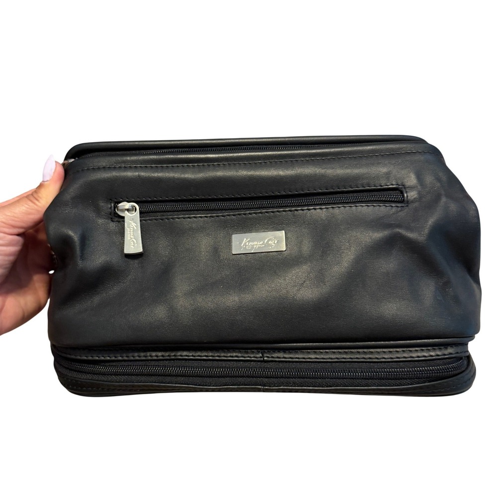 Kenneth Cole Toiletry Bag Leather Double Zip Black Mens Travel Dopp Kit NWT